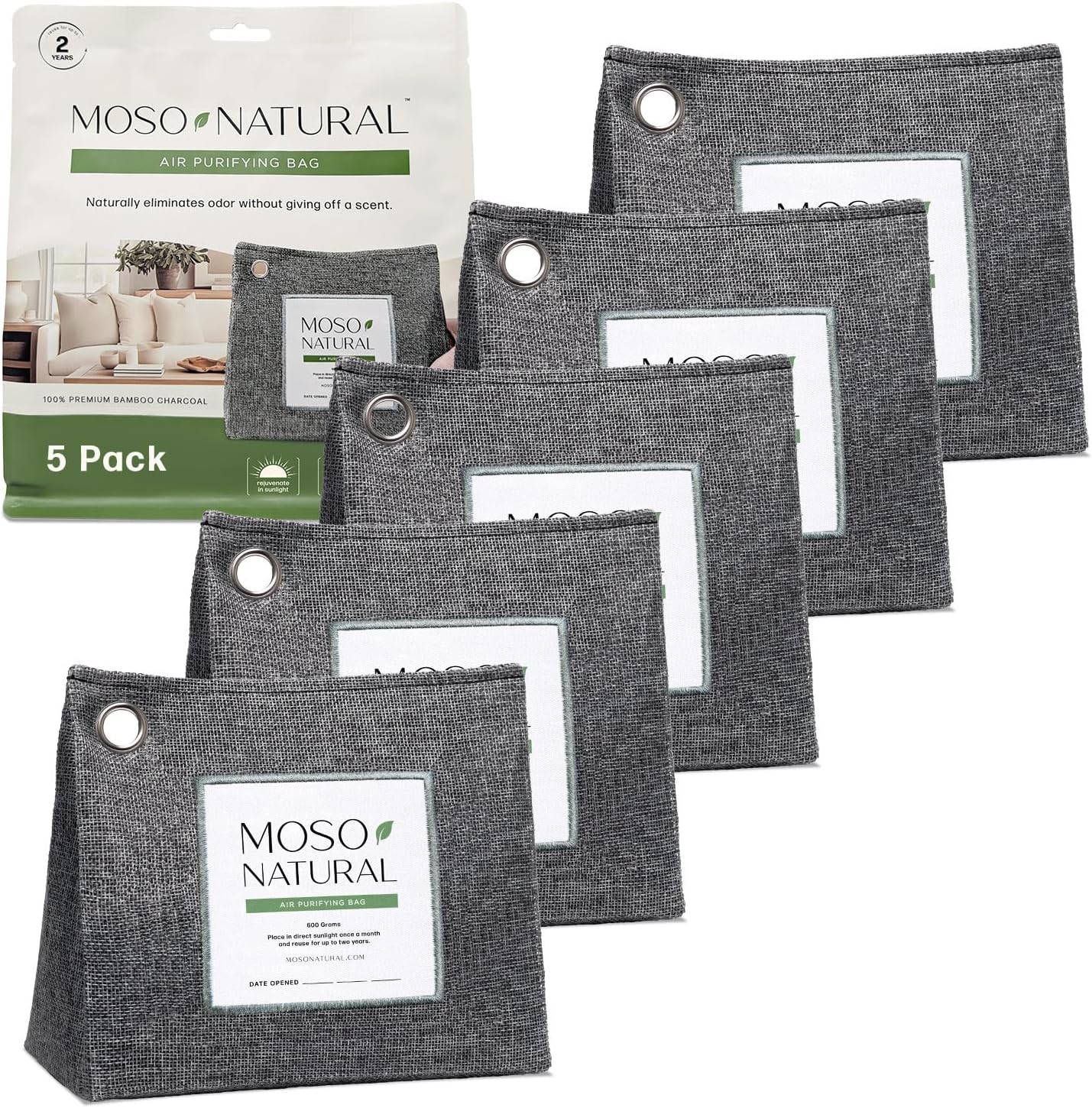 Moso Natural Air Purifying Bag 600g (21oz) Premium Bamboo Charcoal Odor Absorber | Room Deodorizer for Large Spaces, Bedroom, Kitchen, Basement | Pet Odor Eliminator for Home | Unscented (5 Pack)