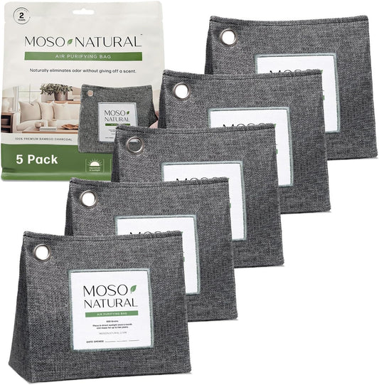 Moso Natural Air Purifying Bag 600g (21oz) Premium Bamboo Charcoal Odor Absorber | Room Deodorizer for Large Spaces, Bedroom, Kitchen, Basement | Pet Odor Eliminator for Home | Unscented (5 Pack)