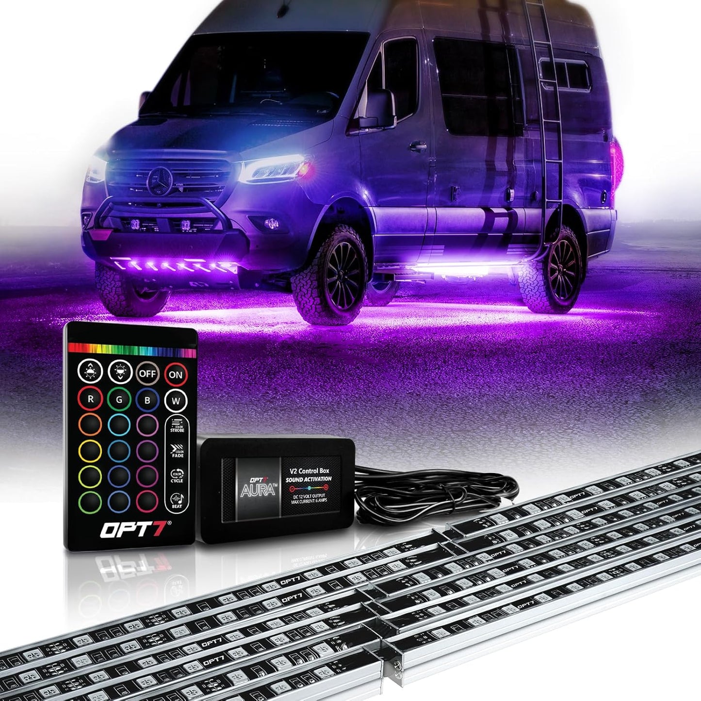 OPT7 Aura Aluminum Underglow Kit for Class B & B+ RV Camper with Remote Control, 6 pcs Multicolor LED Light Bars, Exterior Neon Accent Under Glow Lighting, Rigid Waterproof Strip Lights, Music Mode