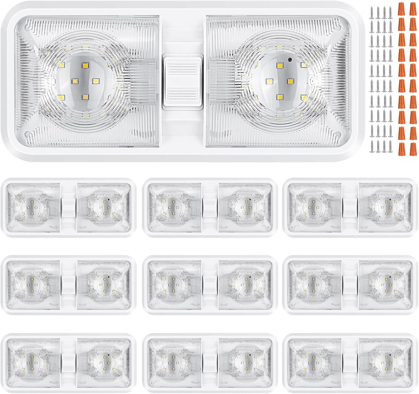10 Packs RV Lights Interior 12V Led 8W Ceiling Double Dome Camper Light 600 Lumen Brightness Lights Fixtures for RV Camper Trailer Boat Car, Natural White 4000-4500K, 48 X 2835 SMD LED