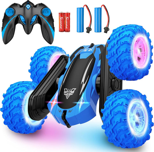 KKONES Remote Control Car, 2.4GHz Double Sided 360° Flips Rotating Electric Race RC Stunt Car, LED Wheel & Headlight High Speed Off Road Cars Toy Gift for 3 4 5 6 7 8-12 Year Old Boy Toys (Blue)