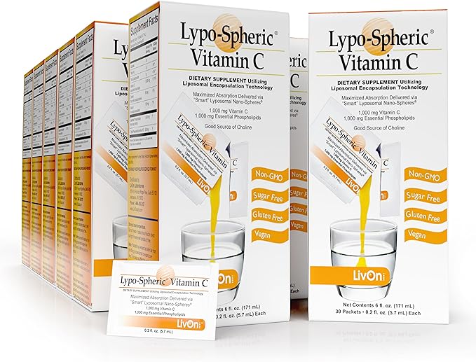 LivOn Laboratories Lypo–Spheric Vitamin C – 1,000 mg Vitamin C & 1,000 mg Essential Phospholipids Per Packet – Liposome Encapsulated for Improved Absorption – Non–GMO(12 Cartons,360 Packets)