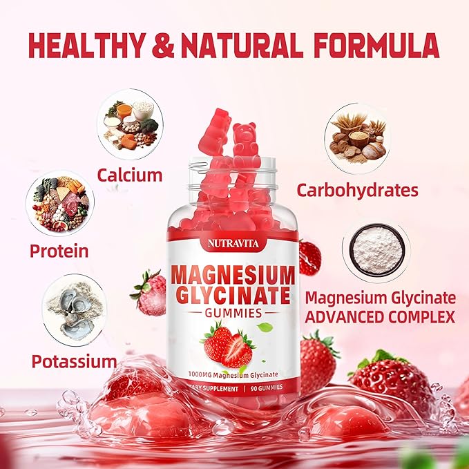 Magnesium Glycinate Gummies 1000mg with Magnesium L-Threonate,Chelated Magnesium Potassium Complex Supplement with VitD, B6, CoQ10, Calcium,Supports for Memory, Calm, Mood - 90 Gummies Strawberry