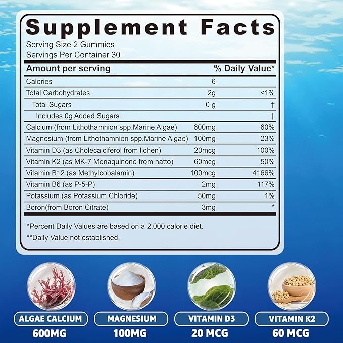 Calcium Gummies 600mg - Calcium Supplement for Women, Ocean Algae Calcium | Vitamin D3, K2, Magnesium | for Bone Strength, Muscle & Immnue | Sustainably Sourced Algae Calcium, 70+ Mineral, 1PACK