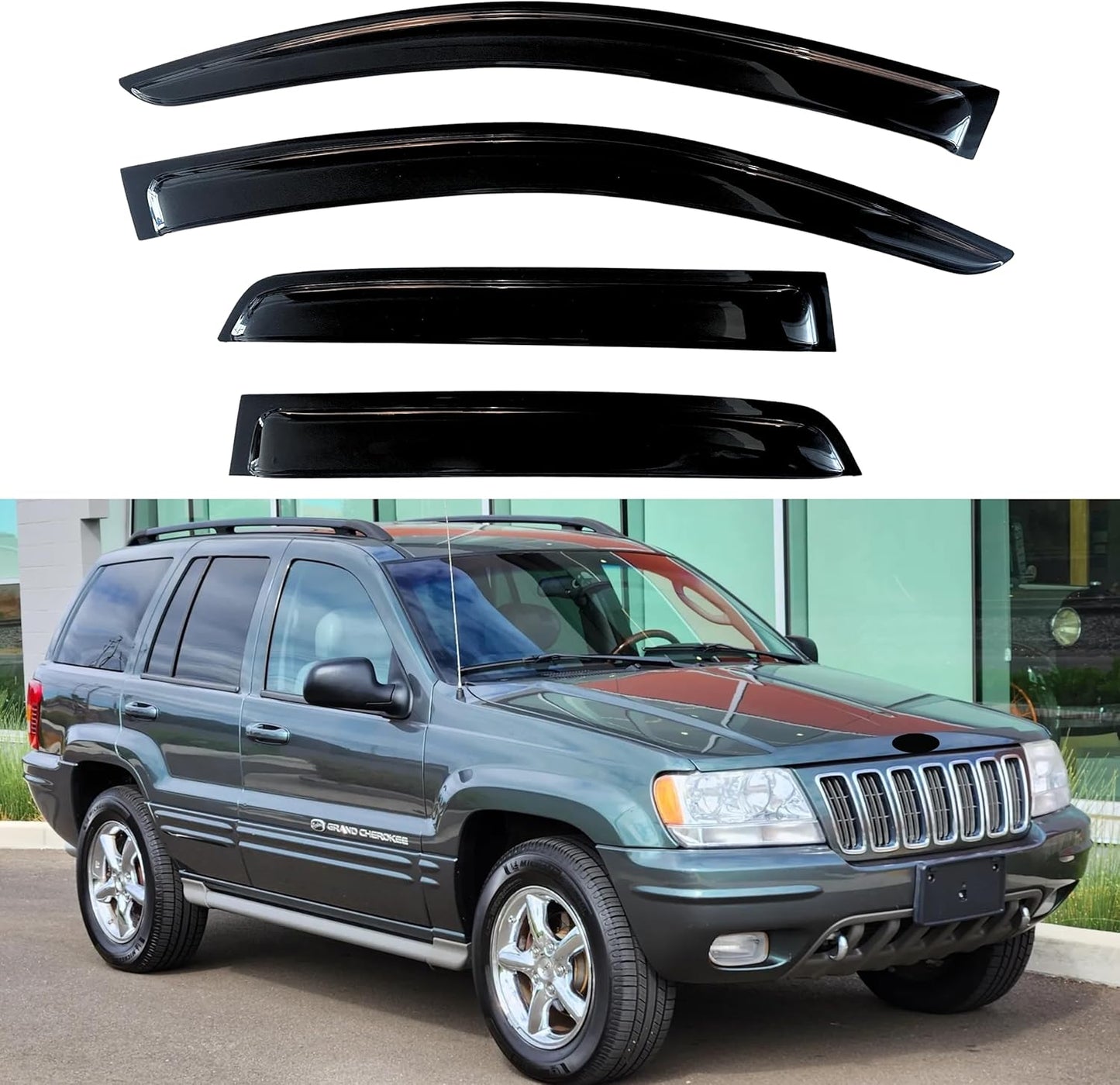 KPY Window Visors Compatible with Jeep Grand Cherokee 1999-2004 & Ford Ecosport (Brazil) 2004, 4PC Rain Guard Side Vent Deflectors Tape-On Style, 1999 2000 2001 2002 2003 2004