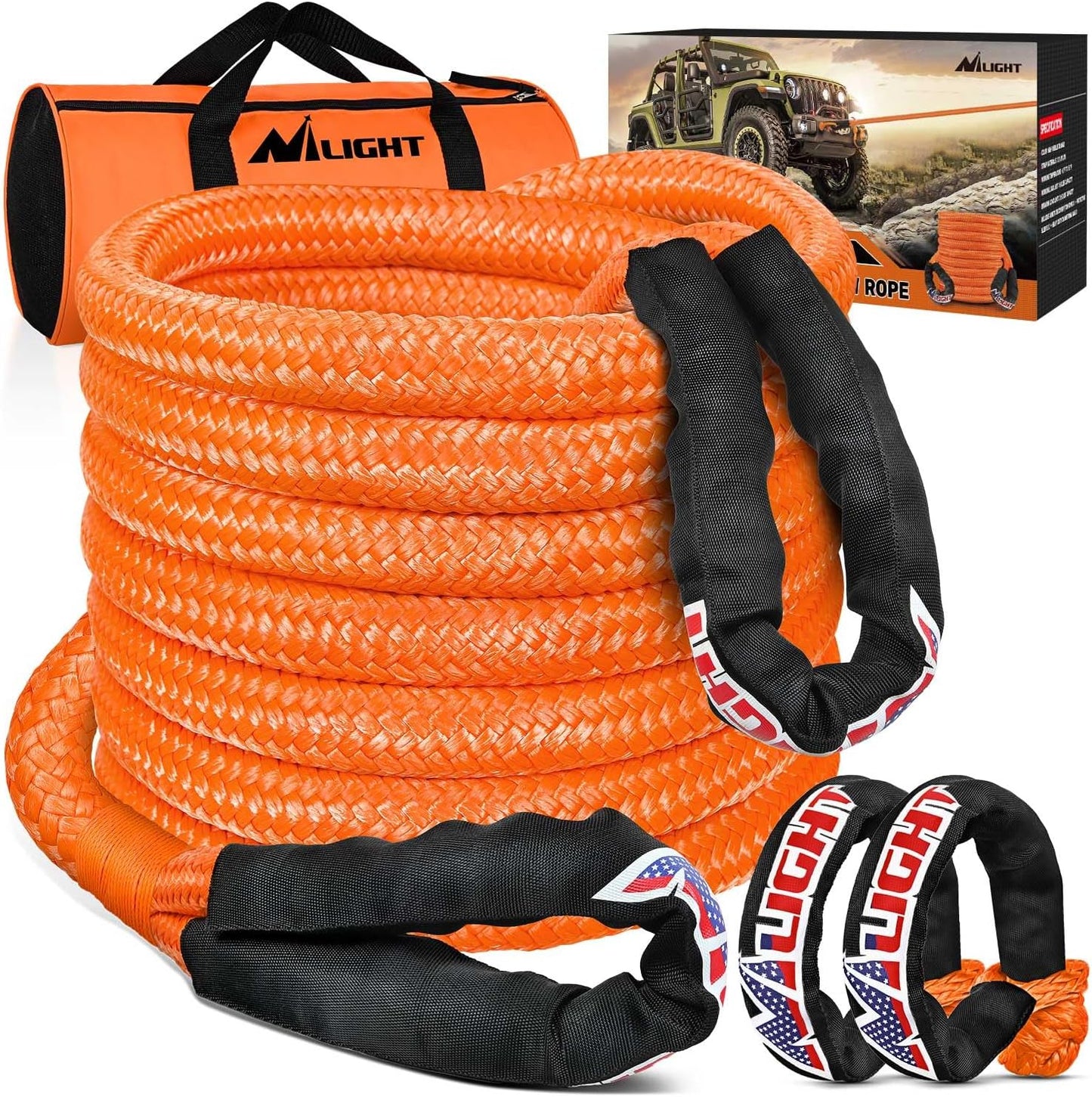 Nilight Kinetic Recovery Tow Rope Kit with 2 Soft Shackle 1" x 30ft Heavy Duty Offroad Tow Rope Snatch Strap Towing Strap kit (33,000LBS) for UTV ATV SUV Truck Car Jeep Tractor
