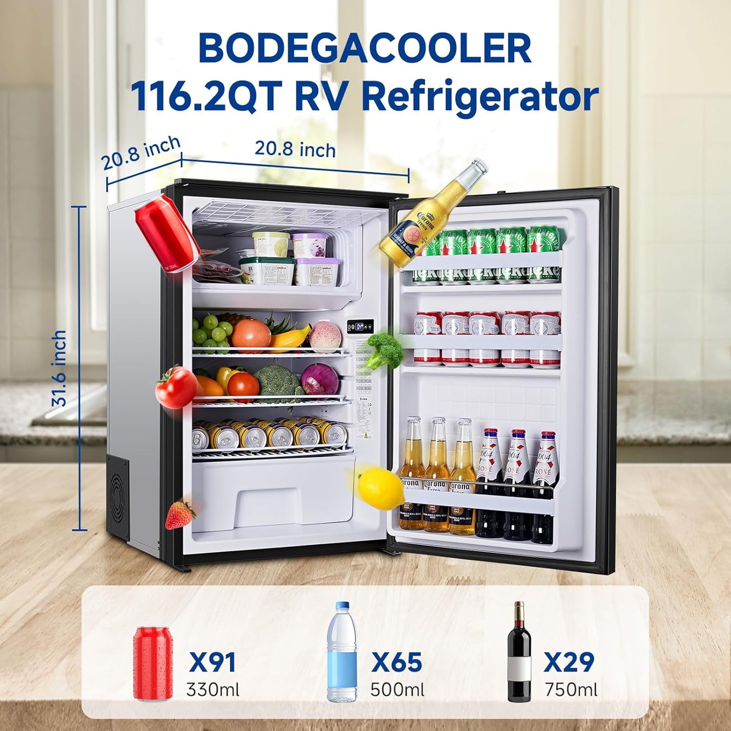 BODEGACOOLER 12 Volt Refrigerator, 116.2Quart RV Refrigerator with Freezer, Dual Modes RV Fridge with LED, (5℉-50℉) Travel Compressor Refrigerator 12/24V DC for Boat, Caravan, Truck, Camping (Black)