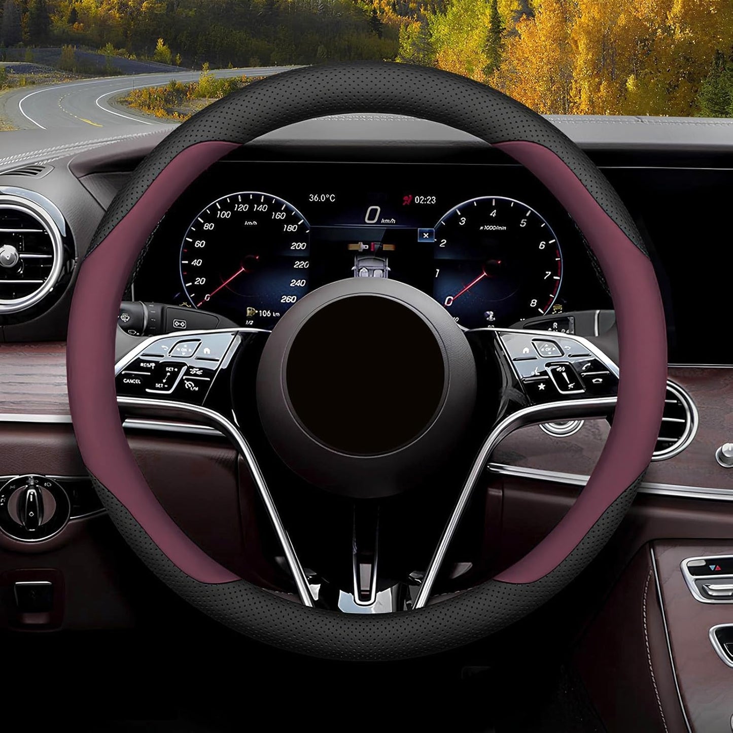Steering Wheel Cover Standard Size Medium 14.5-15 inch, Breathable Microfiber Leather, Anti-Slip, Soft Grip, Universal Fit for Cars SUVs Trucks, Black and Burgundy