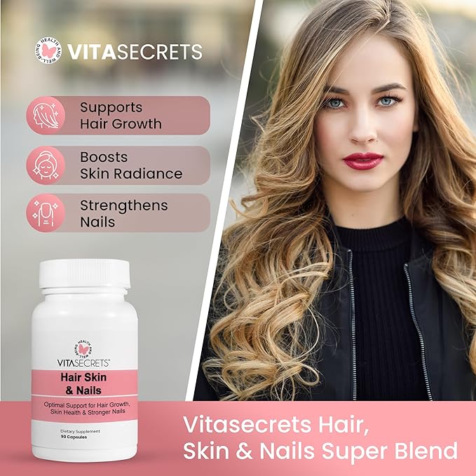 Vitasecrets Hair, Skin & Nails Super Blend – 90 Capsules with Biotin, Collagen, and Hyaluronic Acid for Healthy Hair, Glowing Skin, and Stronger Nails – Non-GMO, Gluten-Free, Made in The USA