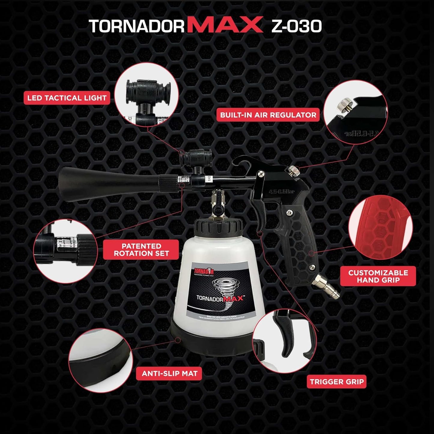 Tornador Max Z-030 Cleaning Tool for Car Detailing | Patented Power Rotation | LED Light | Custom Grip | High-Pressure Air Cleaning Gun | 32oz Capacity