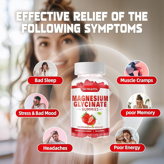 Magnesium Glycinate Gummies 1000mg with Magnesium L-Threonate,Chelated Magnesium Potassium Complex Supplement with VitD, B6, CoQ10, Calcium,Supports for Memory, Calm, Mood - 90 Gummies Strawberry