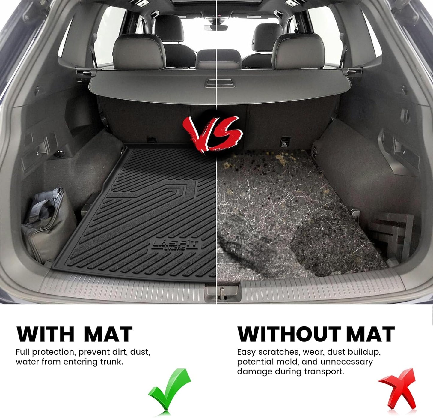 LASFIT Cargo Mat for Volkswagen Tiguan 2018-2024（Fit 5 Seats Not Fit 7 Seats）, Custom Fit All-Weather TPE Rubber Trunk Mat for VW Accessories, Waterproof, Easy to Clean, Black