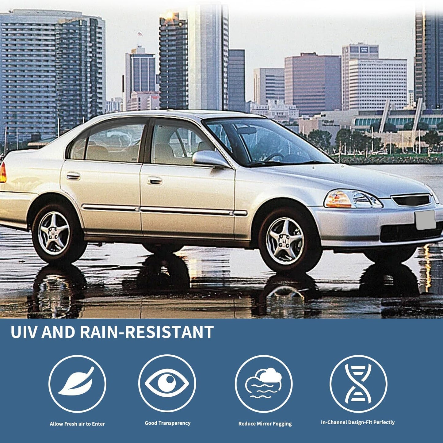 4PCS Rain Guards Window Visors Wind Deflector Fits for 1996-2000 Honda Civic 4-Door Sedan, Front & Rear Outside Mount Vent Shade Shield, 1996 1997 1998 1999 2000