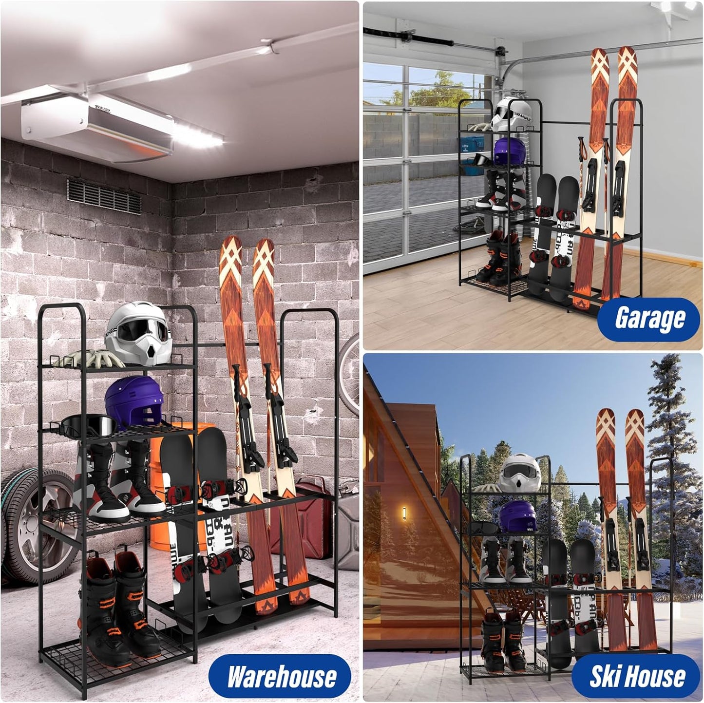 Ski Rack for Garage Freestanding Ski Storage Rack Metal Ski Holders with Storage Shelf Heavy Duty Floor Stand Ski Organizer for Snowboard Ski Poles Ski Boot Goggles Helmet