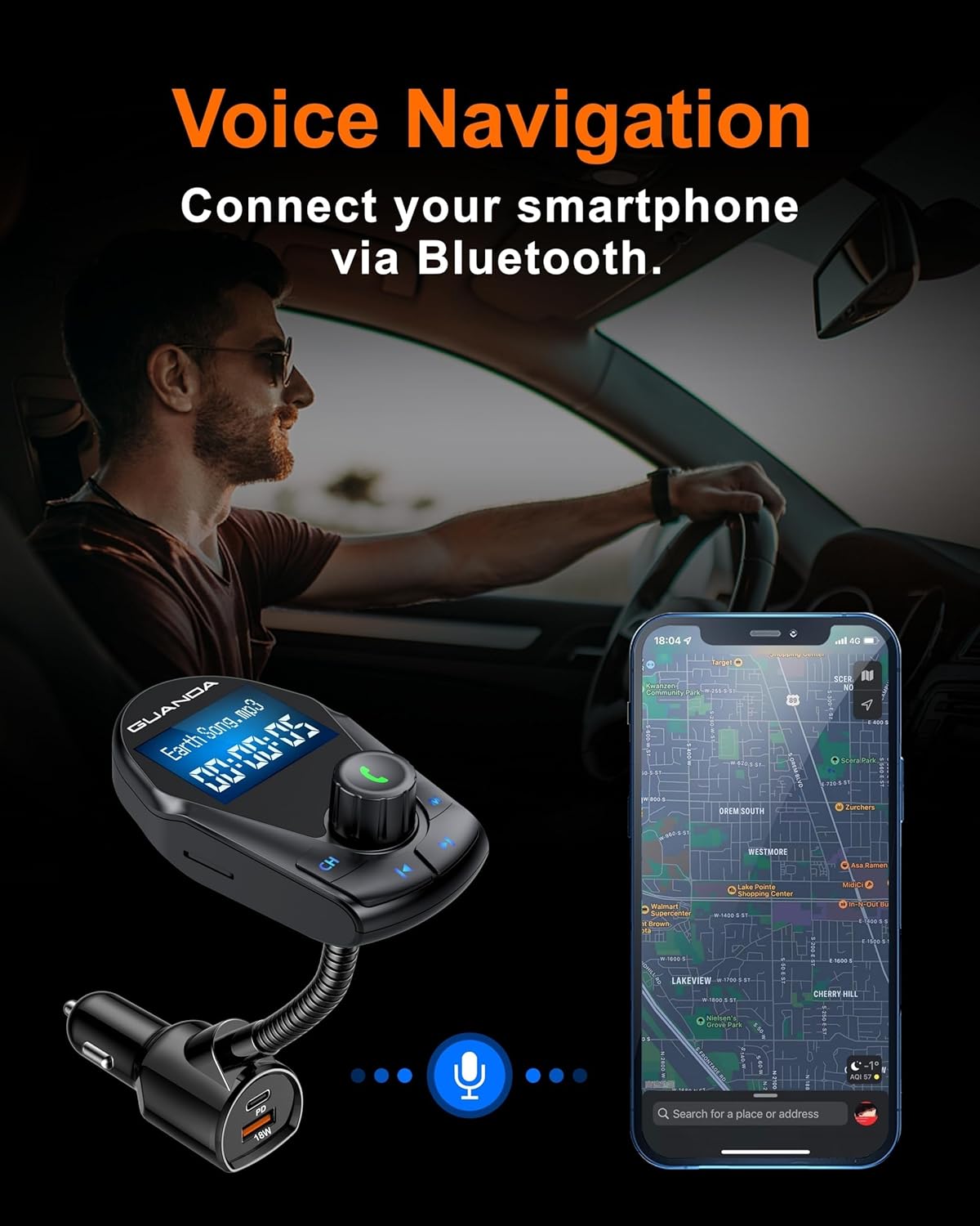 Bluetooth Transmitter Car Bluetooth Adapter, FM Transmitter Wireless Radio Adapter Kit 1.44" Display, MP3 Music Player, PD 30W Dual USB Port Charger Compatible for All Smartphones, Samsung Galaxy, LG