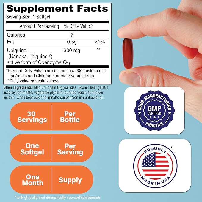 Health Thru Nutrition Ubiquinol 300mg 30 Softgels as Kaneka QH Reduced CoQ-10 | Stabilized - 3rd Party Tested | Enhanced Bioavailability | Cardiovascular & Mitochondria Function Support | Non-GMO