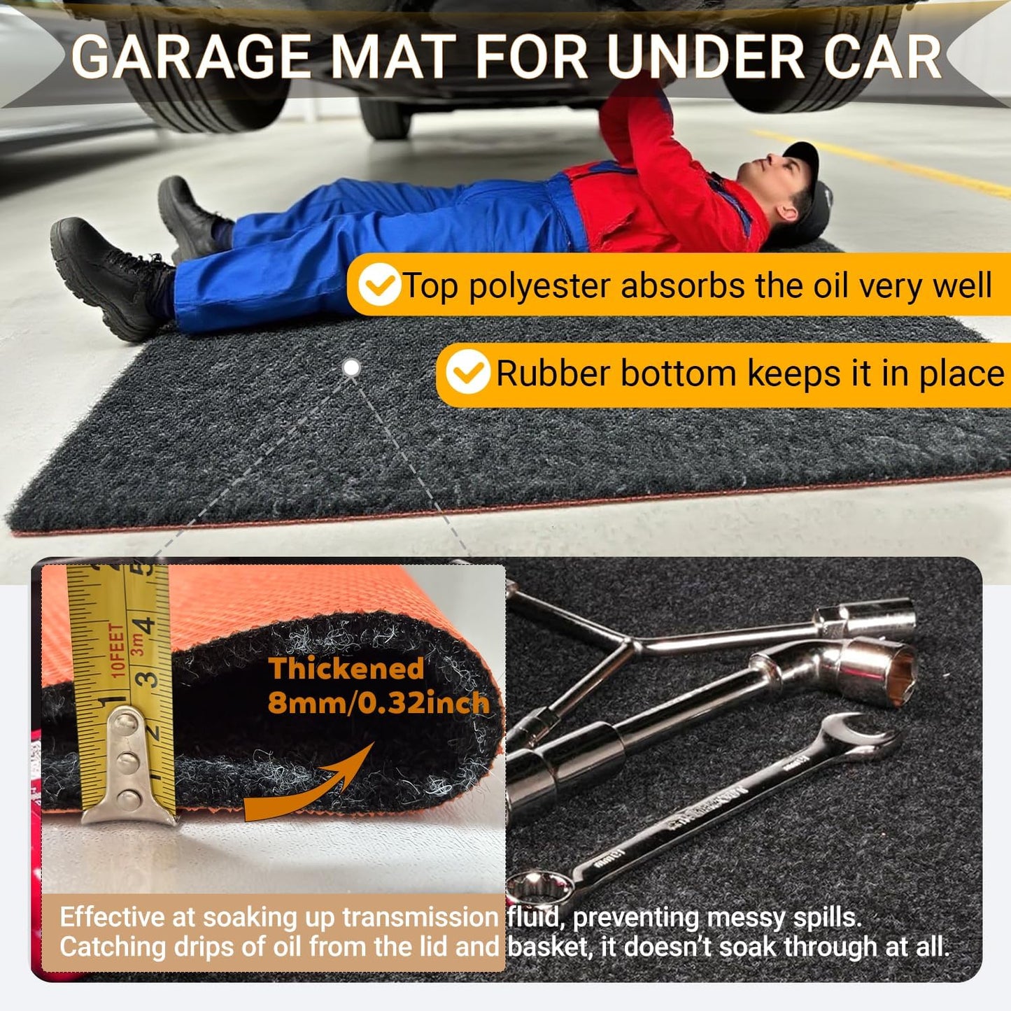 Oil Spill Garage Floor Mat Large, Heavy Duty 72" x 60" 8mm Thick Garage Mat for Floor Under Car, Absorbent Waterproof Non-Slip Rubber Backing Reusable Washable Maintenance Pad for Working, Black