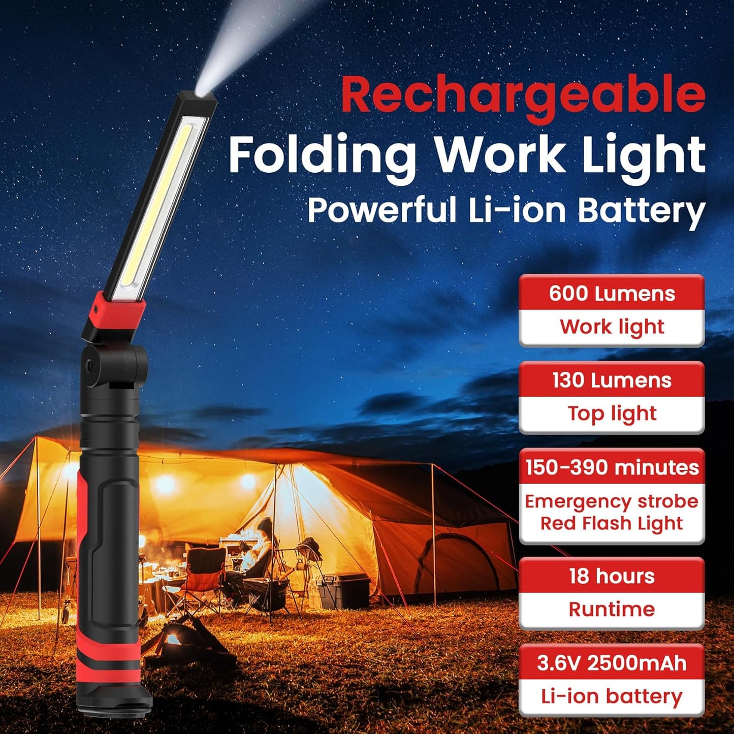 Rechargeable Work Light 2500mAh Magnetic LED Work Light Flashlight Mechanic Light Tool Gifts for Men Him, Foldable Lamp with Hook for Car Repair Emergency BBQ Grill (4 Pack)