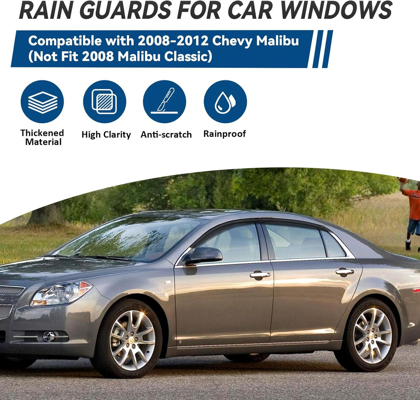 Window Visors Sun/Rain Guard Compatible with 2008 2009 2010 2011 2012 Chevy Malibu 08-12 Malibu Front+Rear Smoke Tint Outside Mount Tape-On Vent Window Wind Deflectors