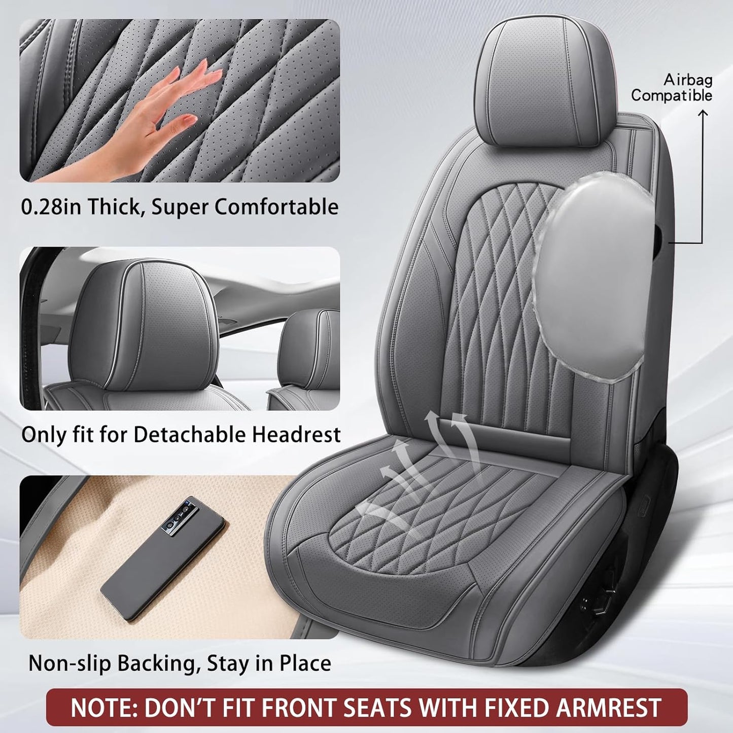 WELLDO Car Seat Covers Full Set, Faux Leather Seat Covers for Cars, Car Seat Protector Waterproof, Non-Slip Car Interior Covers Full Set Universal Automotive Seat Covers for Most Cars SUVs, Gray