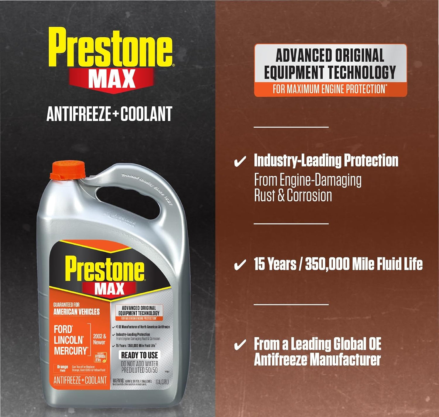 Prestone AF6800 MAX Original Equipment Antifreeze and Coolant: American Orange, 50/50 RTU, 1 Gallon, Pack of 6