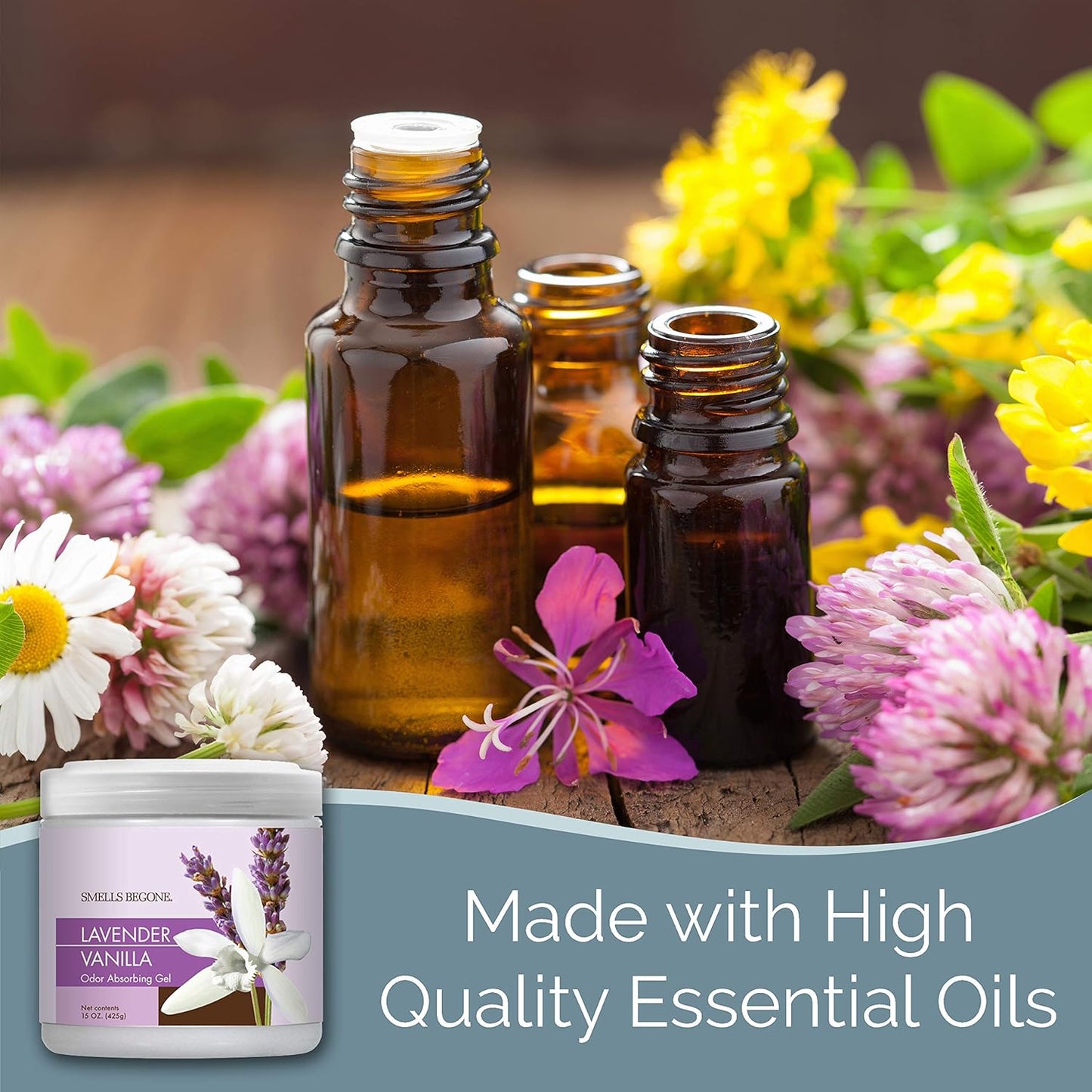 SMELLS BEGONE Air Freshener Odor Absorber Gel - 15 oz, Pack of 2 - Absorbs and Eliminates Odor in Pet Areas, Bathrooms, Cars, & Boats - Made with Essential Oils - Lavender Vanilla Scent