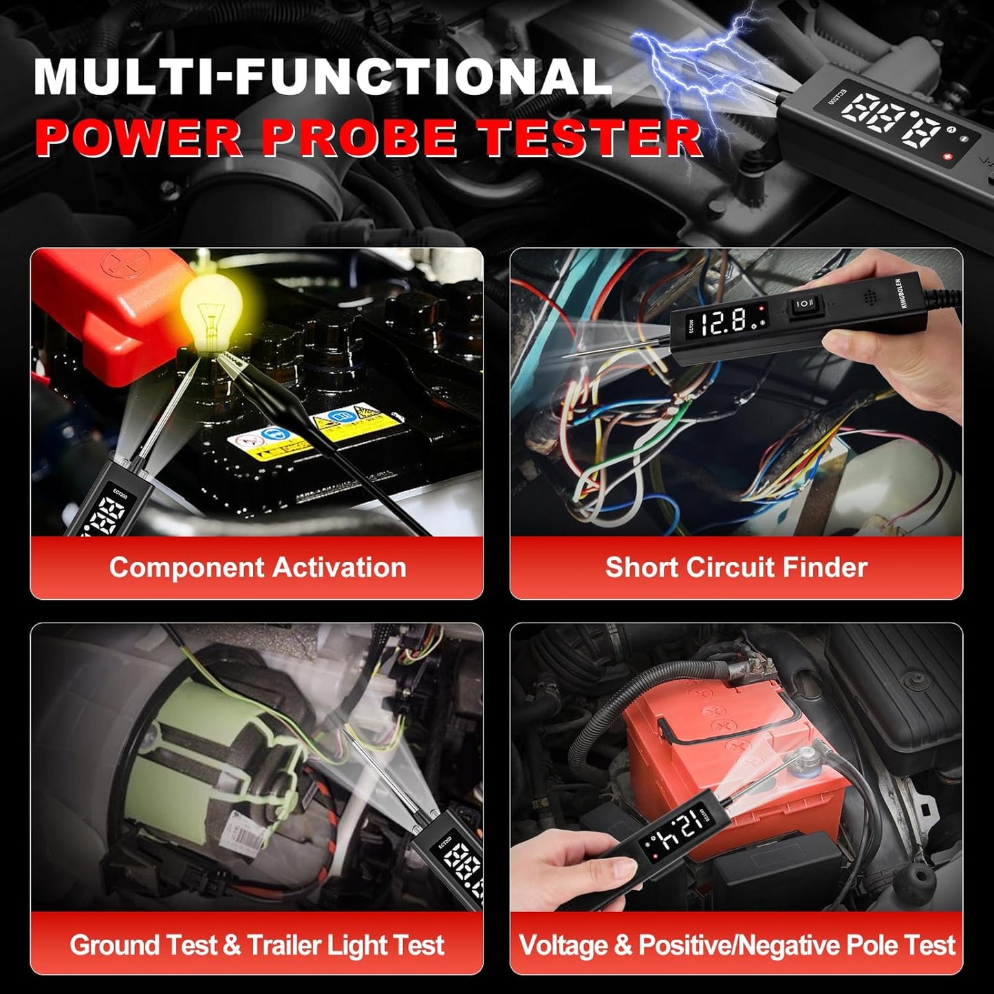 KINGBOLEN ECT200 Automotive Electrical Circuit Tester, 12V 24V Car Voltage Test Power Probe Tester, Component Activation, Continuity Test, Trailer Light Tester, Short Circuit Finder, 16.5FT Cable