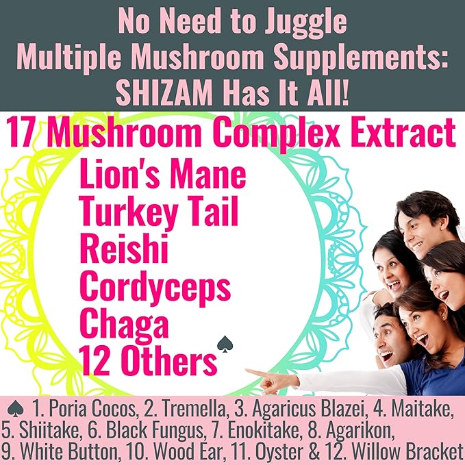 SHIZAM 17 Mushroom Complex Gummies for Adults Chaga Lions Mane Cordyceps Reishi Lion's Mane Turkeytail Turkey Tail, Better Daily Supplement Alt for Capsules & Powder Vitamins Super-Food Blend 10