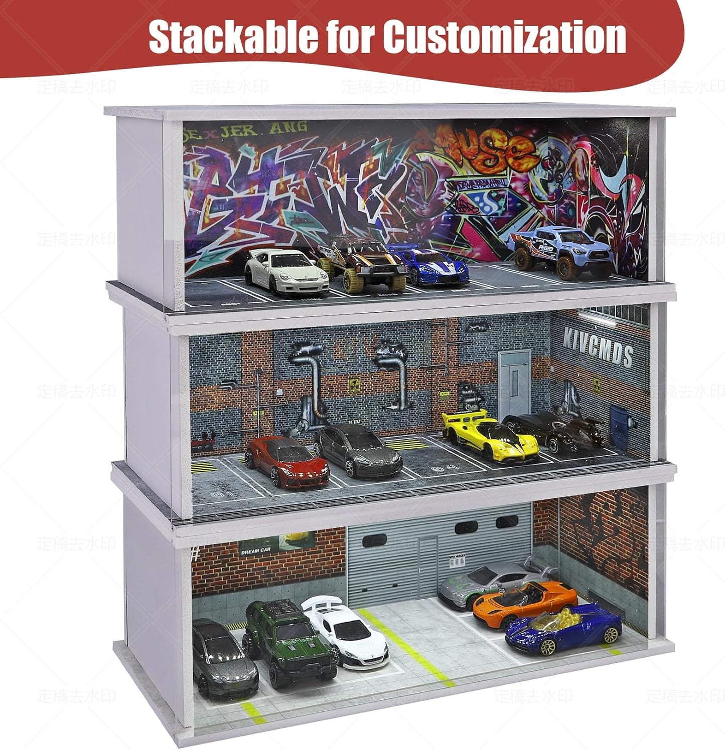 Display Case for Hot Wheels: Stackable Parking Garage for 1/64 Scale Matchbox Toy Car, Foamboard Storage for Monster Trucks with LED Light and Acrylic Cover, Supply Store