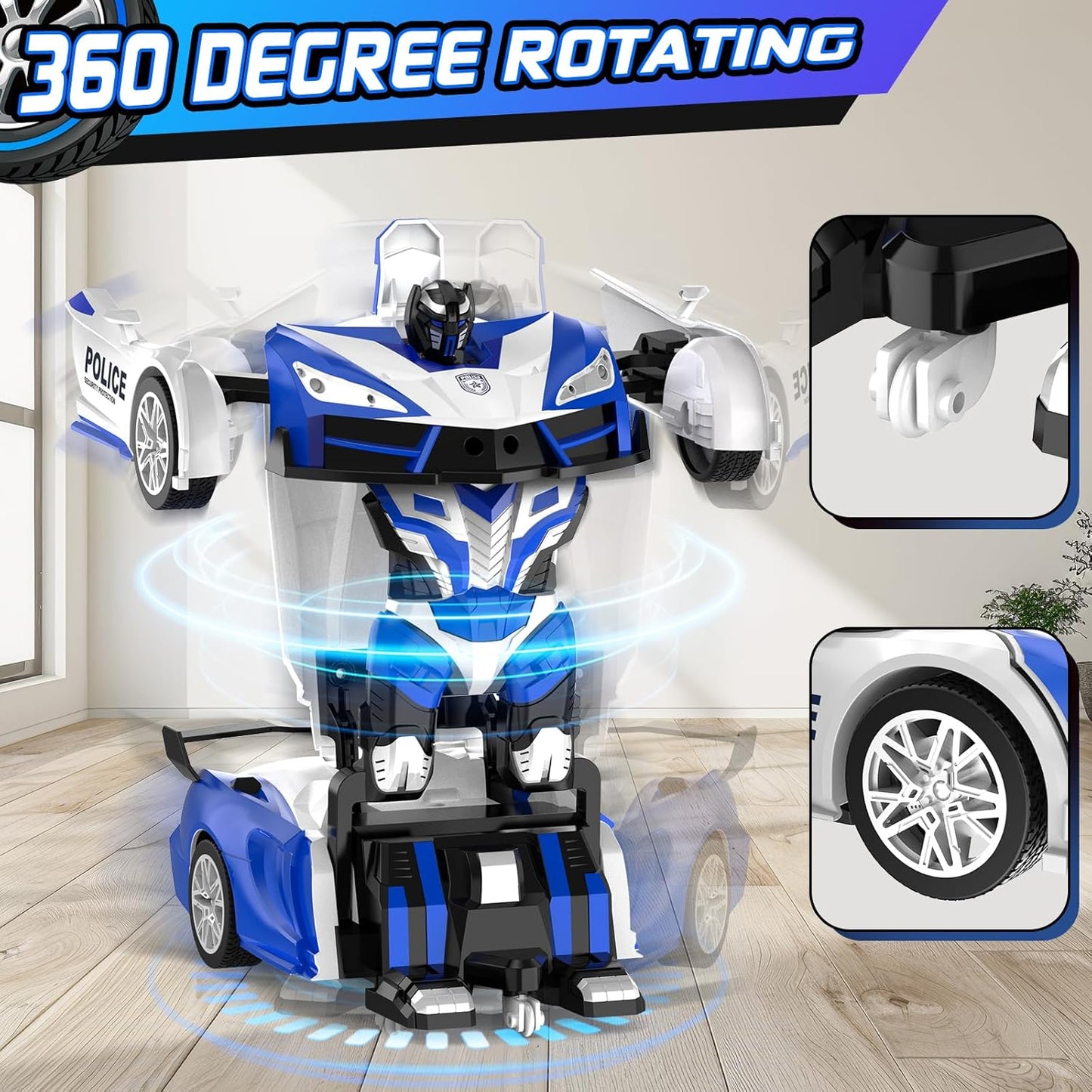 Remote Control Car for Boys 4-7, 2.4GHz RC Car 1:18 Scale, One-Button Transforming Toy with 360° Spins, LED Lights (Blue)