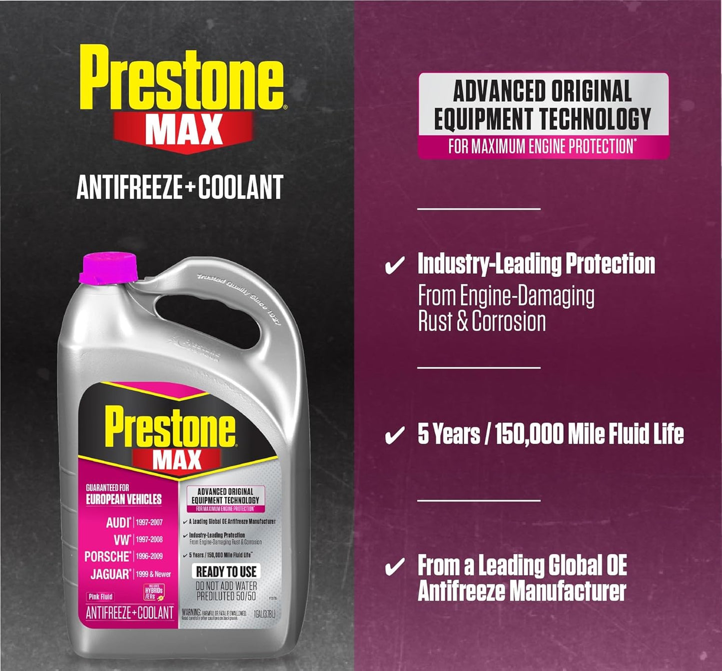 Prestone MAX Euro Pink 50/50 Antifreeze Automotive Coolant, Pack of One