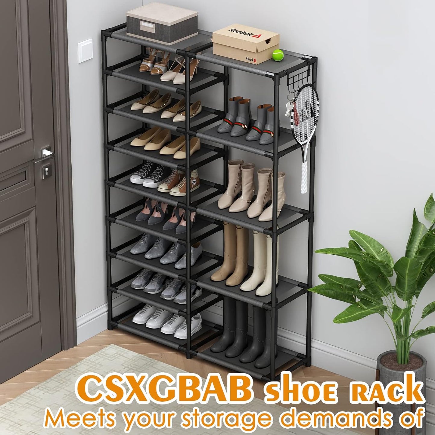 Tall Garage Shoe Rack Large Capacity,Two Rows Versatile Hooks Storage Boot Shelf Black 24-35 Pairs