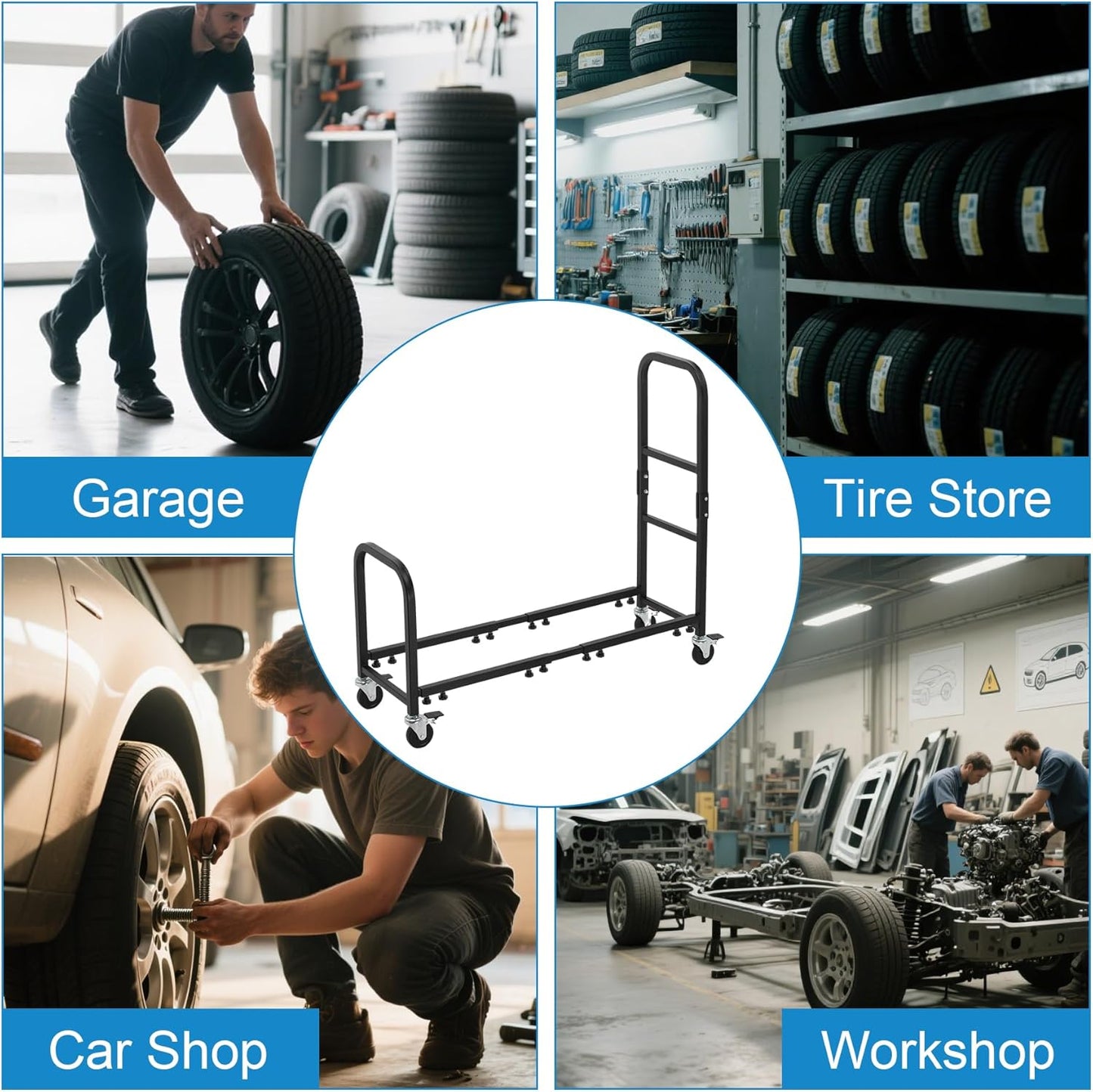 Rolling Tire Rack 43.5" x 13" x 37.4", 2 in 1 Metal Garage Tire Storage Rack w/4 Swivel Casters with Brake for Garage Storage