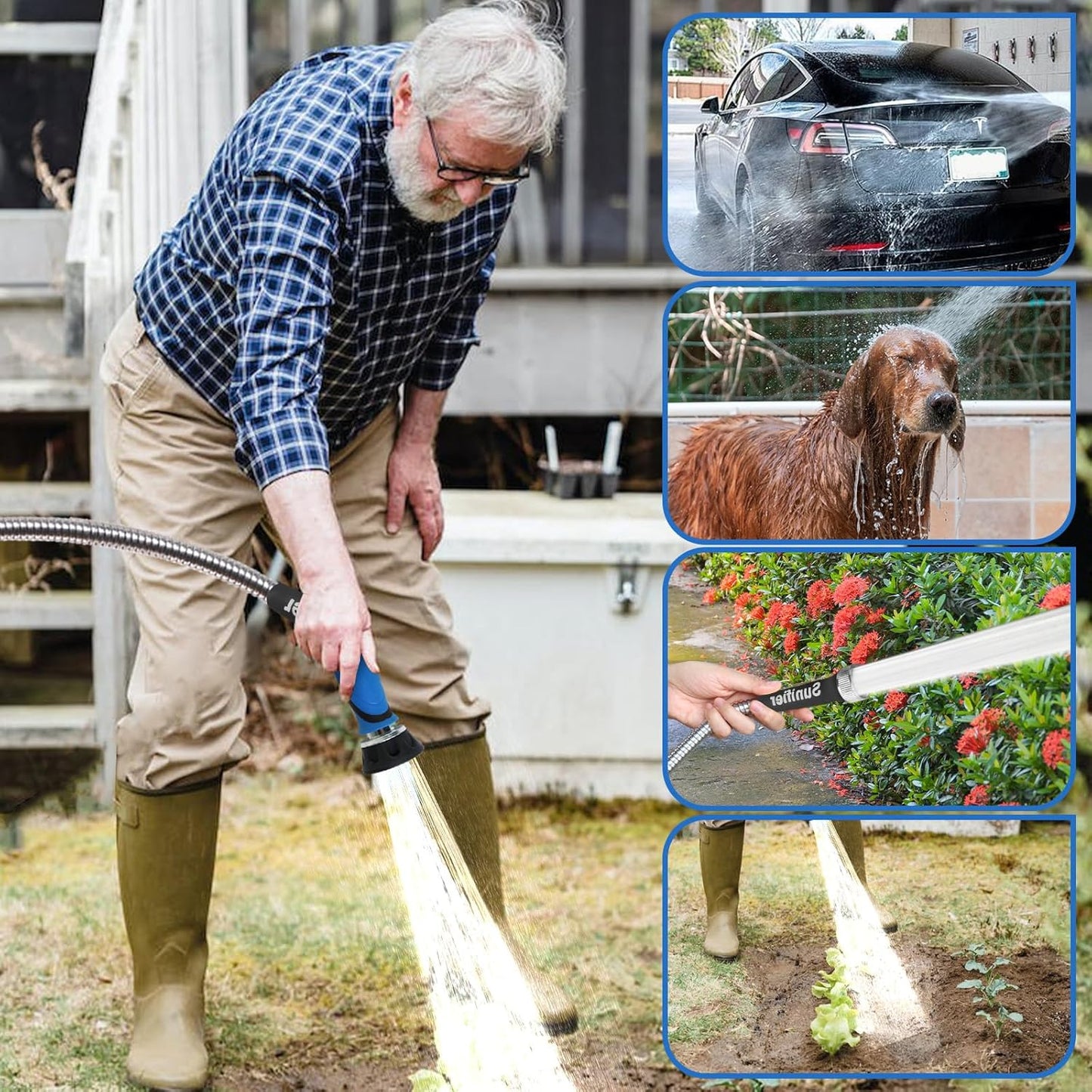 Metal Garden Hose 50 Ft With Hose Nozzle, Flexible Stainless Steel Garden Hose 50 Ft, Heavy Duty Water Hose for Outdoor Garden Watering Washing (50FT)