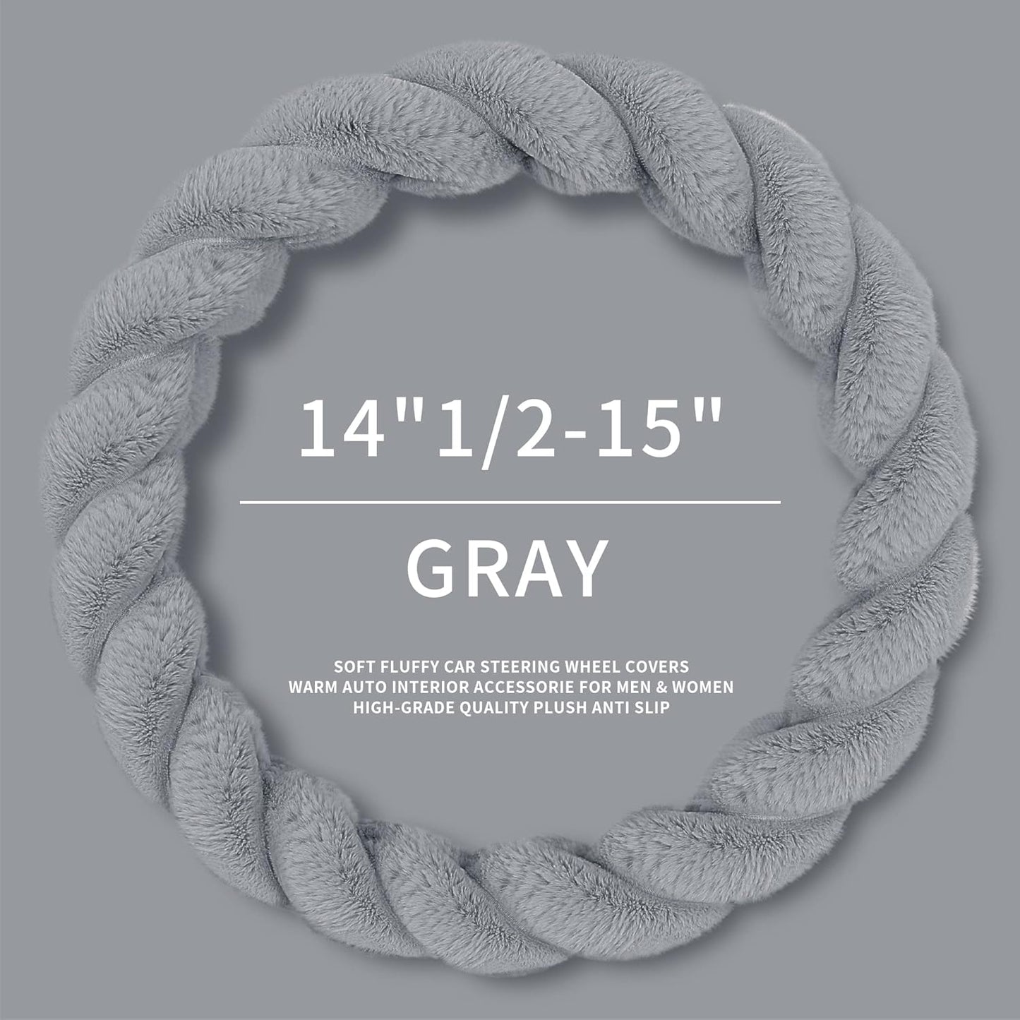 Luxury Fluffy Winter Car Steering Wheel Cover for Women Soft Warm Plush Cute Auto Accessories for Vehicle, Sedan, Universal, Fuzzy, Anti Slip, Gray, Standard Size, 14.75-15.15"