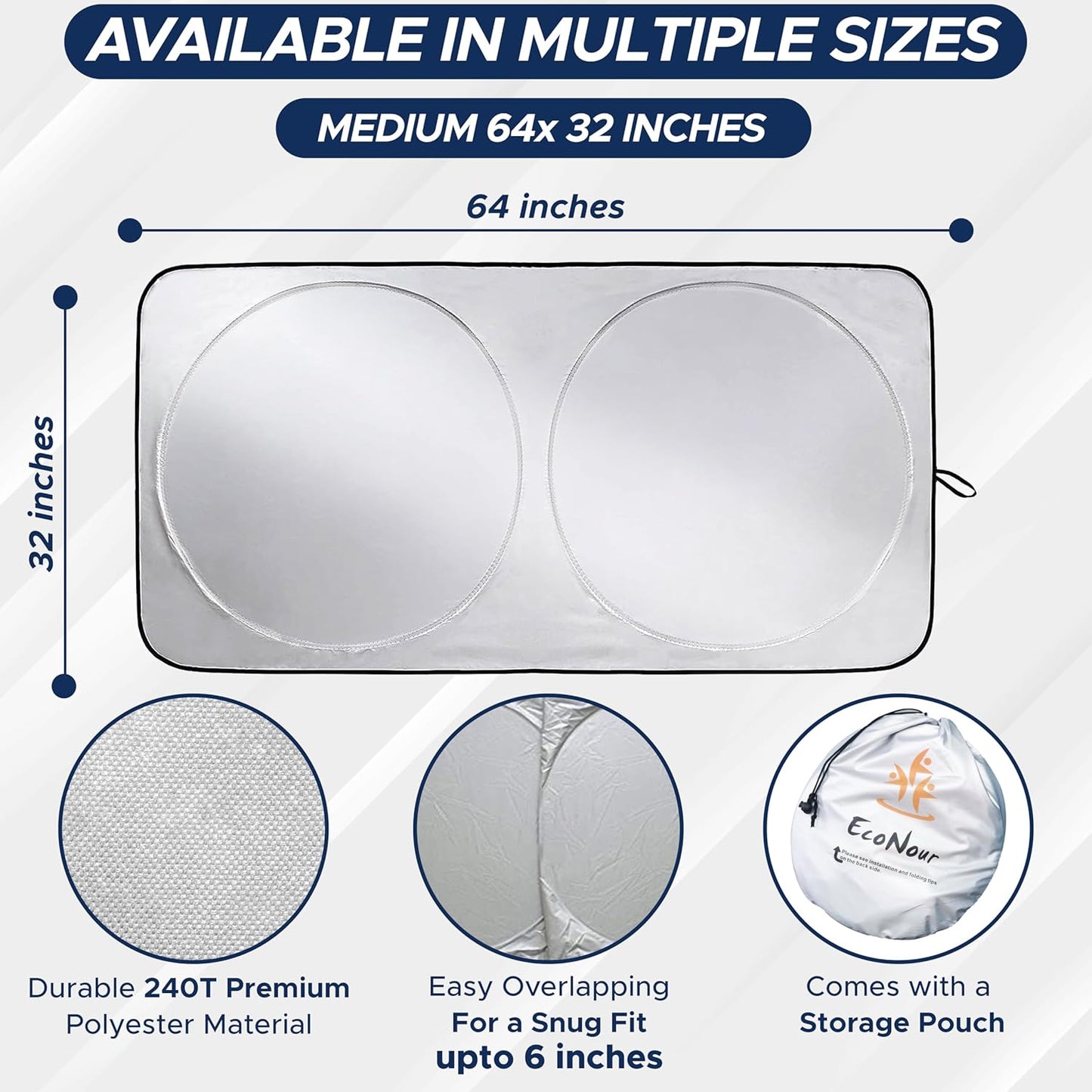 EcoNour Car Windshield Sunshade | Blocks 99% Heat & Keeps Interior Cool | Universal Fits Cars, SUVs, Trucks | Automotive Sun Screen, Visor & Car Accessories for Summer | Medium (64x32 Inches)