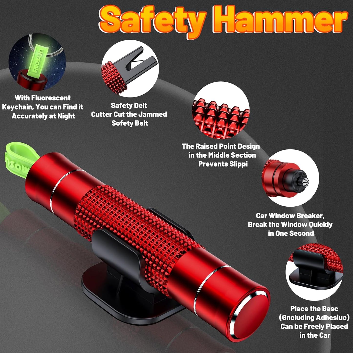 Safehammer - Safe Hammer Glass Breaker Under Water, Upgraded Antiskid, Car Hammer Seatbelt Cutter Window Breaker Emergency Escape Tool, Safe hammer Glass Breaker for New Cars (2PCS Red & Black)