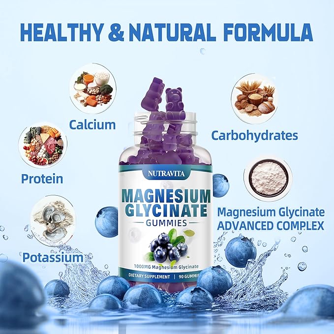 Magnesium Glycinate Gummies 1000mg with Magnesium L-Threonate,Chelated Magnesium Potassium Complex Supplement with VitD, B6, CoQ10, Calcium,Supports for Memory, Calm, Mood - 90 Gummies Blueberry