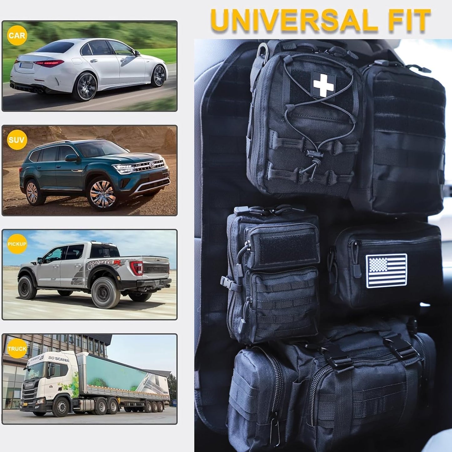 Universal Tactical Seat Back Organizer Vehicle Molle Panel Organizer Storage Bag with 5 Detachable Molle Pouch for All Vehicel Such as Jeep,Truck,SUV, Car, Ford,Chevy etc