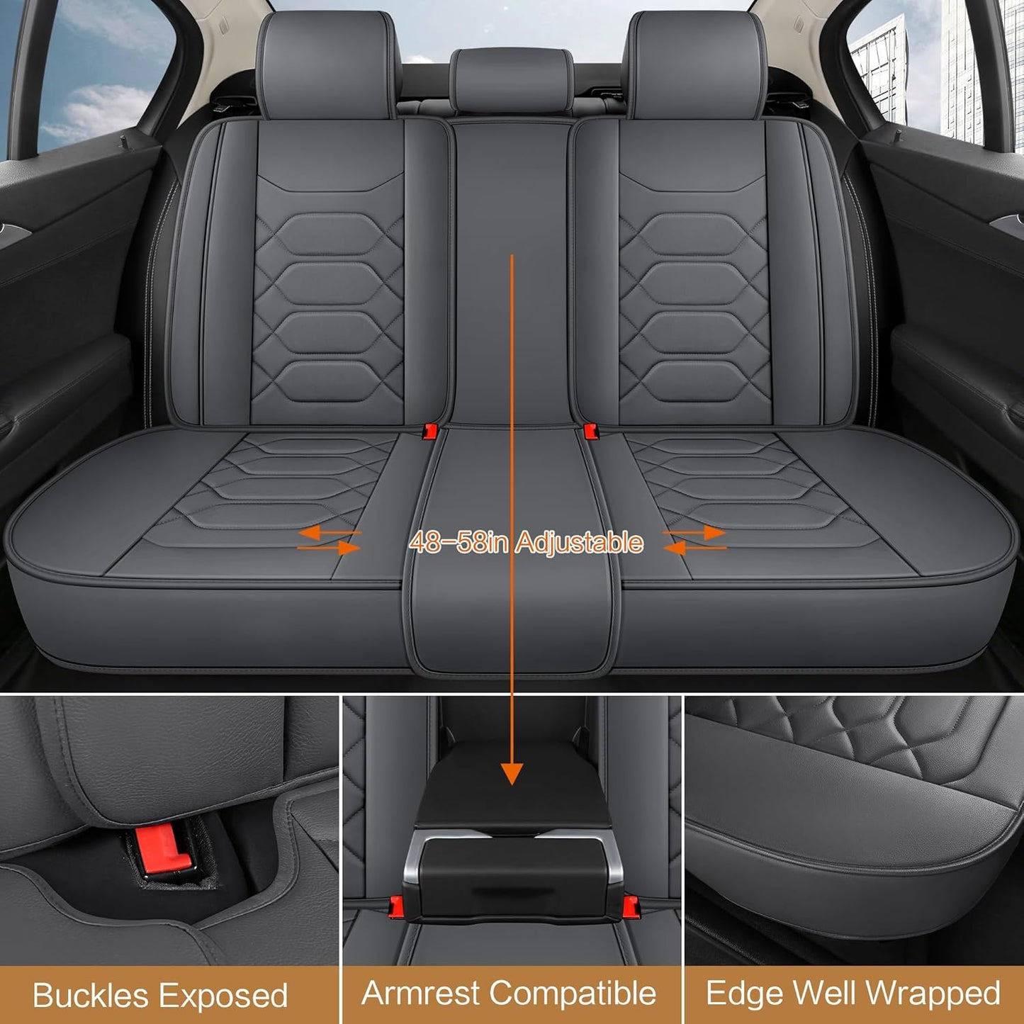 Pariitadin Leather Car Seat Covers Full Set, Waterproof Breathable Faux Leather Automotive Seat Covers for Cars, Non-Slip Car Interior Covers Universal Fit Most Cars Sedans Trucks SUVs, Gray