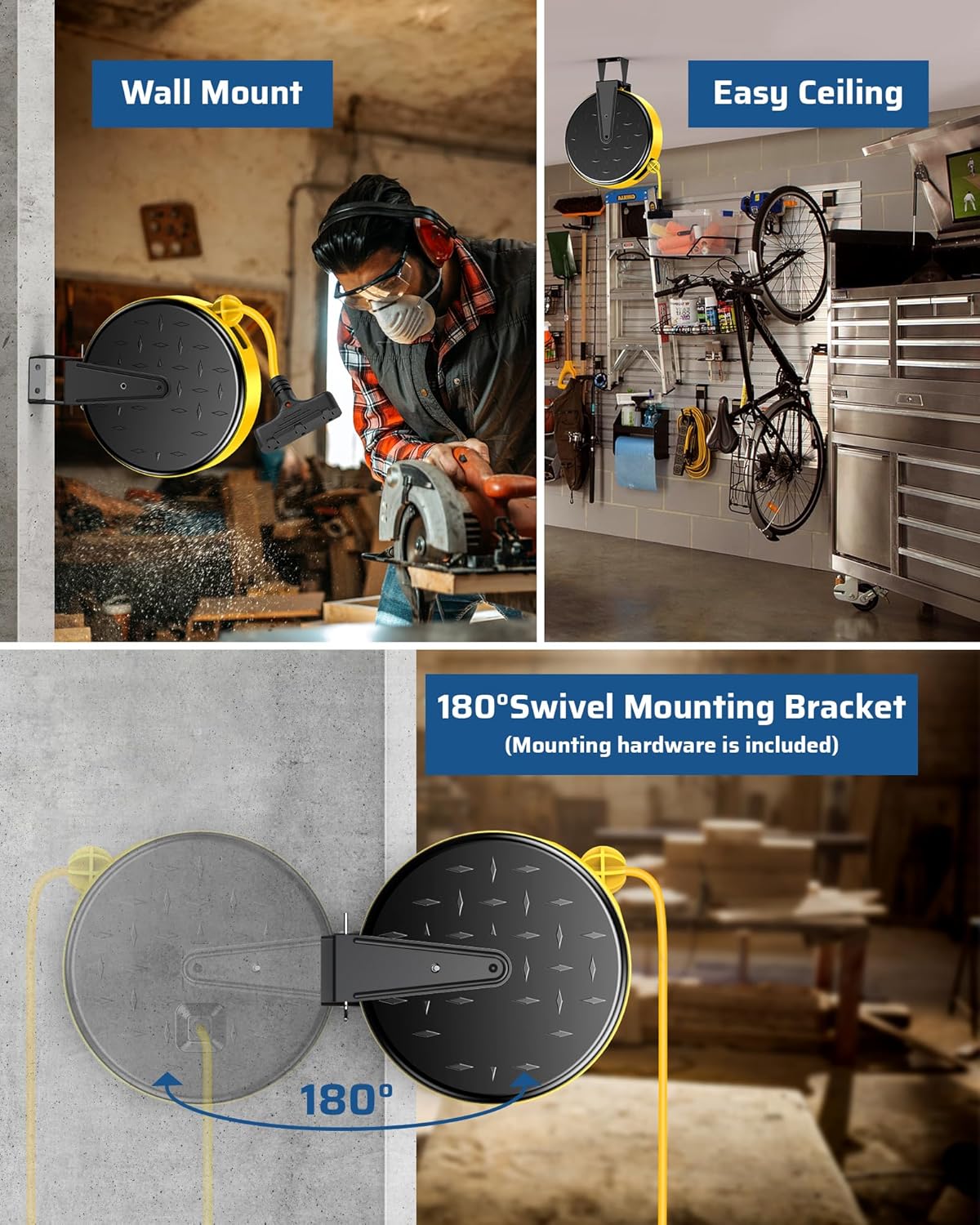 DEWENWILS 30 Ft Retractable Extension Cord Reel, Ceiling/Wall Mount 16/3 Gauge SJTW Power Cord with 3 Electrical Outlets Pigtail for Garage and Shop, 10 Amp Circuit Breaker, Metal Plate, UL Listed