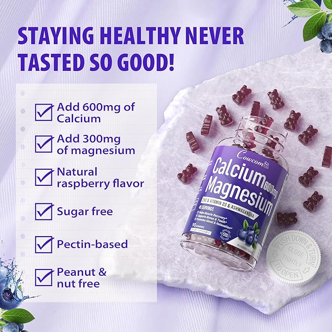 Calcium Magnesium Zinc Gummies & Vitamin D3,B6,B12,Immune & Supporting Bone Health Calcium Magnesium Supplement for Women Men,Sugar-Free Vegan Blueberry Flavored 90 Counts