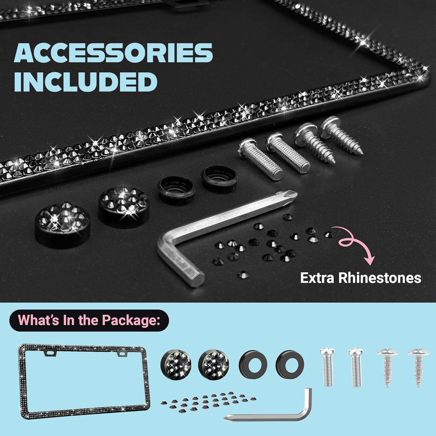 Elegant Bling License Plate Frame for Women - 1 Pack, 800 Premium Black Rhinestones, Rust-Free Stainless Steel, Street Legal Slim Design, Sparkly Diamond Car Tag Holder with Glitter Crystal Covers