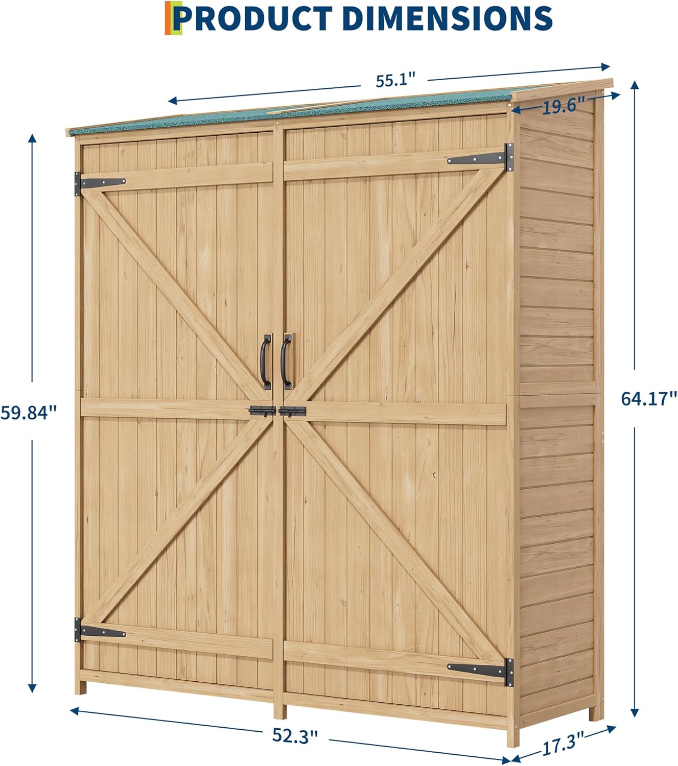 Wooden Outdoor Storage Cabinet, 64" Vertical Tall Garden Tool Shed with Waterproof Sloped Roof, Lockable Double Doors, Removable Shelves, Utility Tool Organizer for Patio, Backyard, Lawn Equipment
