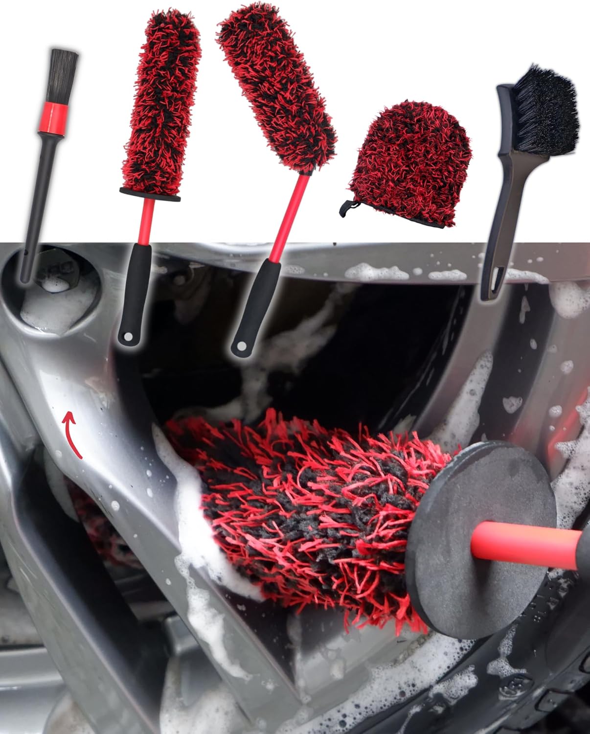 Metal Free Microfiber Wheel Brush Kit- Microfiber Angled Wheel Brush, Long Handle Wheel Brush, Tire& Detailing Brush, Wheel Wash Mitt. Hands-On Wheel Detailing Kit for Daily Wheel Cleaning