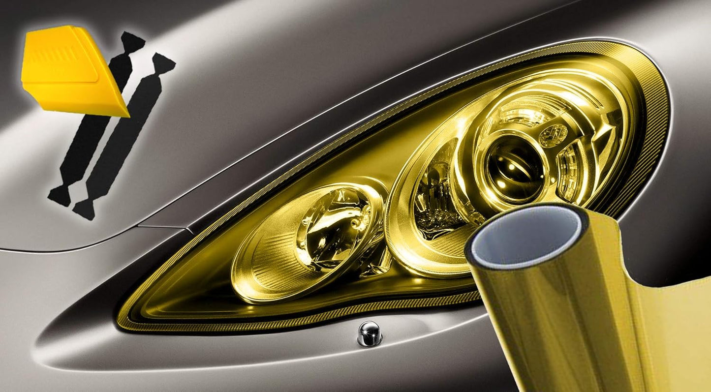VViViD Air-Tint Extra-Wide Headlight Taillight Vinyl Tint Wrap 16 Inch x 48 Inch Roll Including Yellow Detailer Squeegee & 2X Black Felt Edge Decals (Gold Yellow)