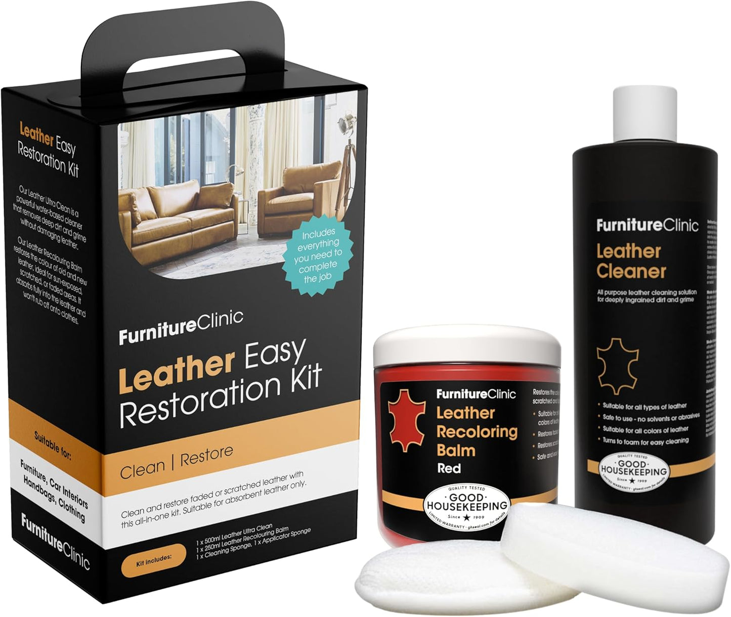 Furniture Clinic Leather Easy Restoration Kit | with Leather Recoloring Balm, Cleaner, Sponge, and Cloth | Leather Repair Kit for Scratched and Faded Furniture (Red)