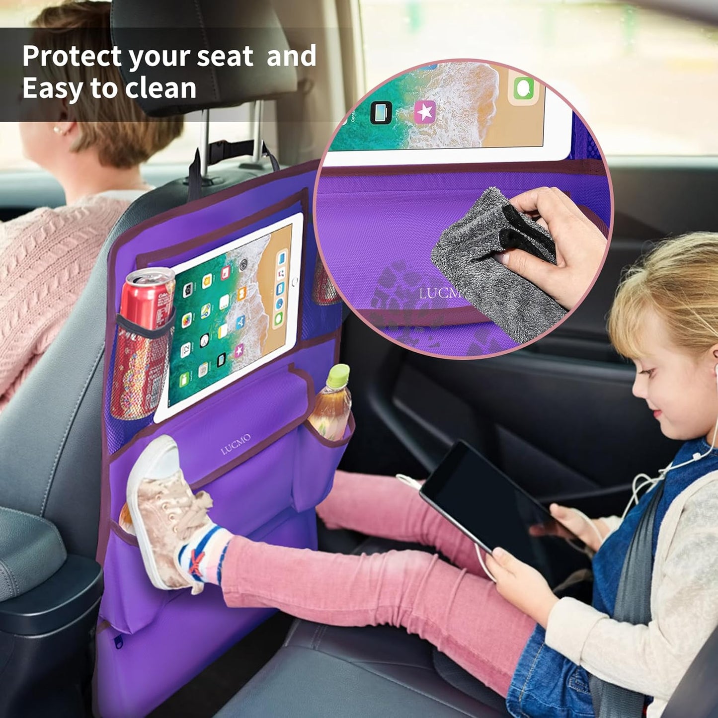 LUCMO Car Backseat Organizer with Touch Screen Tablet Holder,9 Storage Pockets Car Storage Organizer,Protectors Kick Mats Travel Accessories for Kids-Dark Purple