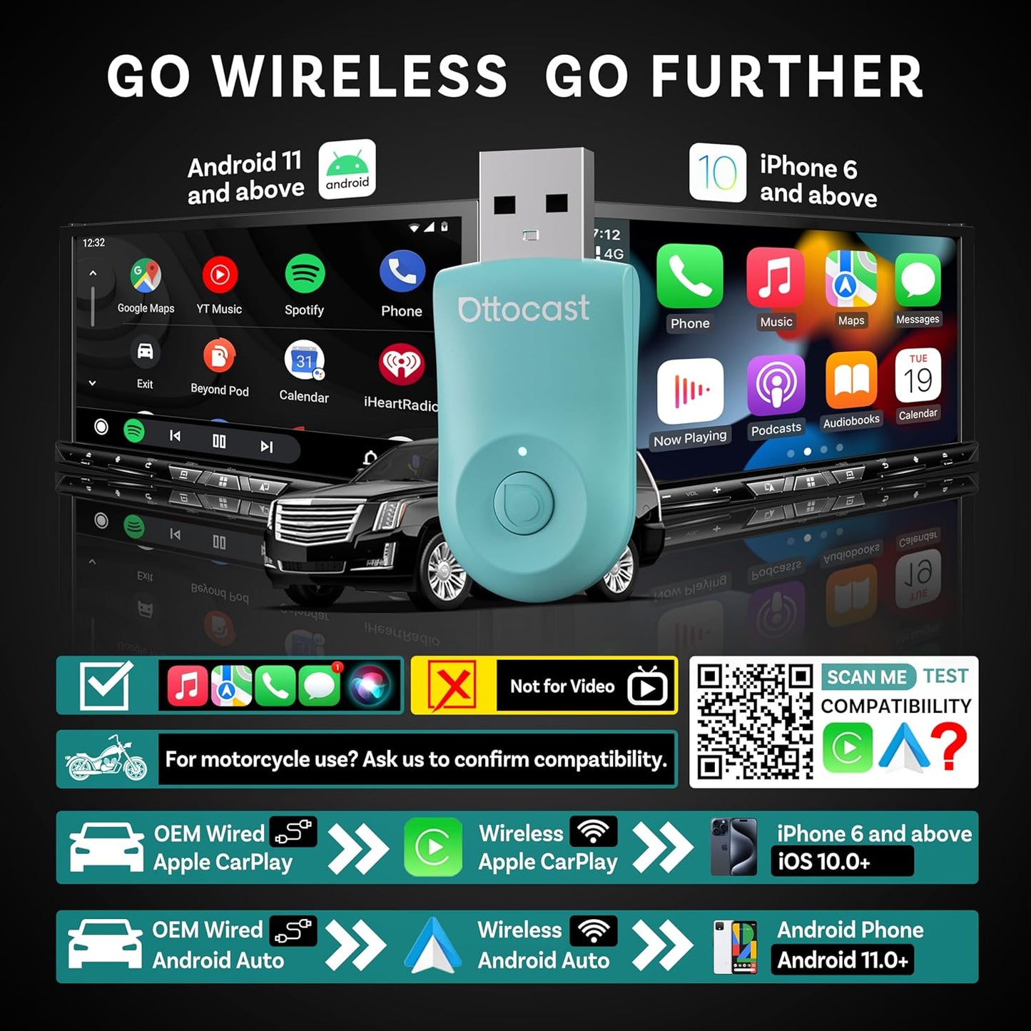 OTTOCAST Wireless Carplay Adapter 2025 for Apple iPhone, Convert Wired to Wireless Car Play for Older Cars Mini USB Design Plug & Play, Multi-User Seamless Connection for iOS 10+/ Android Auto (Green)