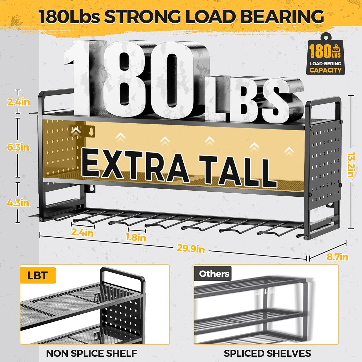 LBT Large Power Tool Organizer Wall Mount with Pegboard, Heightening Garage Power Tool Storage with 7 Cordless Drill Holder, Heavy Duty Metal Tool Shelf Battery Storage, Gifts For Men Father Husband